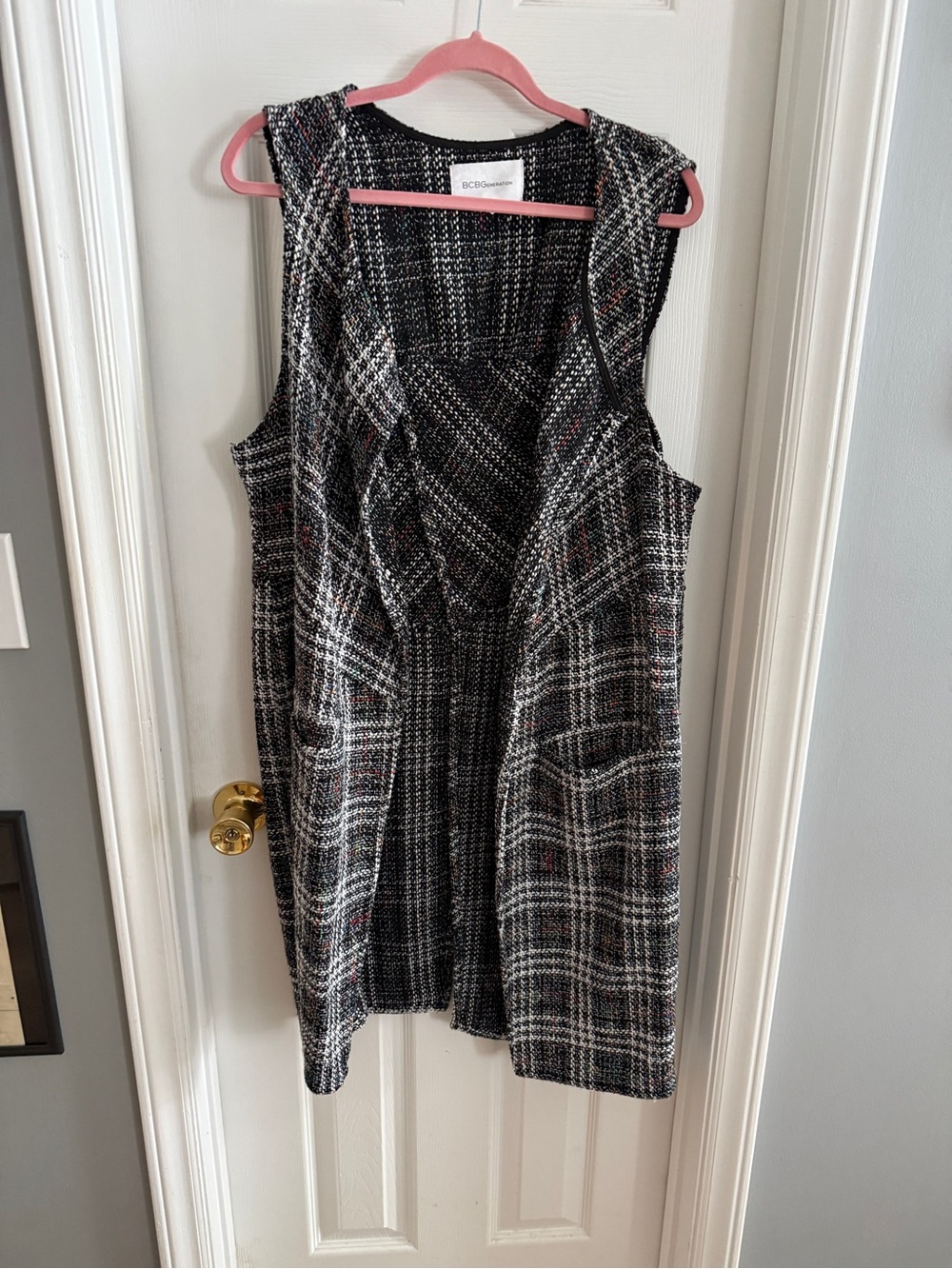 BCBGeneration Black & White Plaid Sleeveless Midi Vest